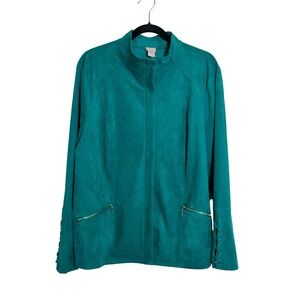 Chico's Faux Suede Jacket Size 3 US 16/18 Teal Green Lace Up Sleeve‎ Detail NEW